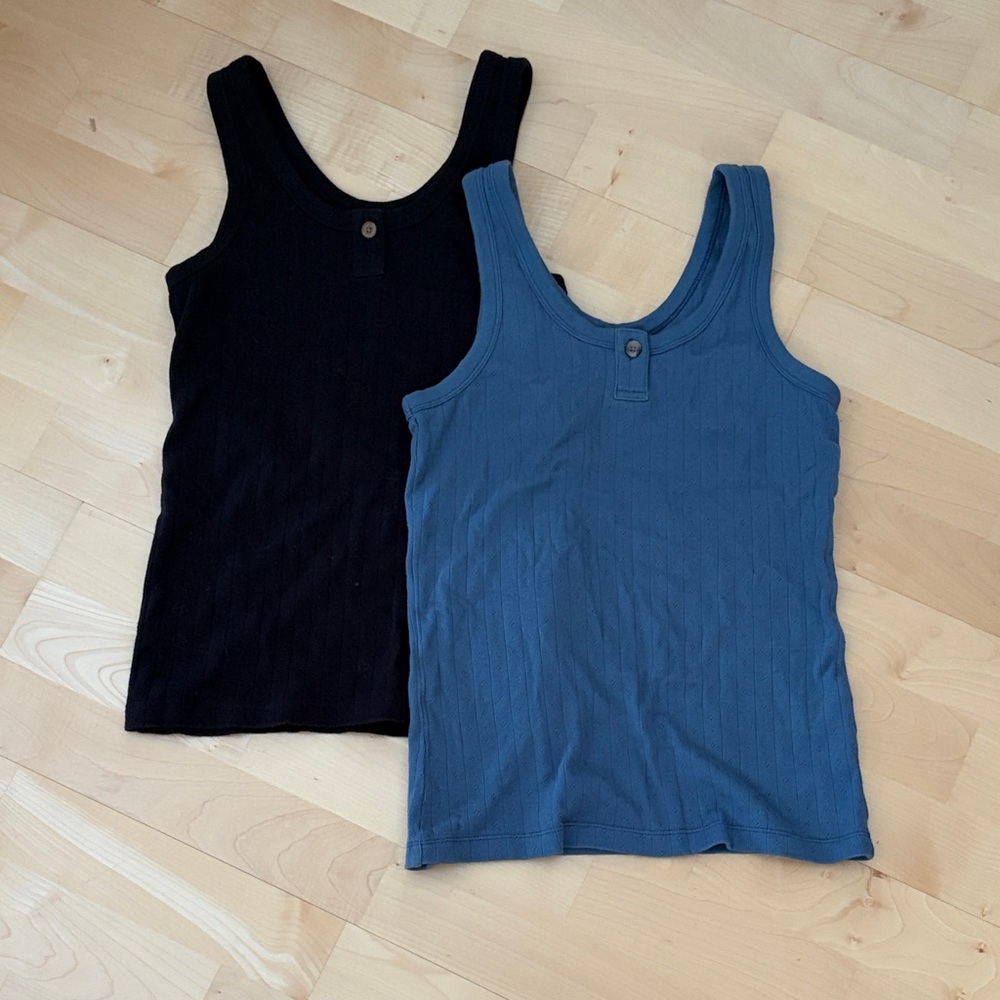 Everlane Organic Cotton Pointelle Tanks XS Blue and Black Set of Two